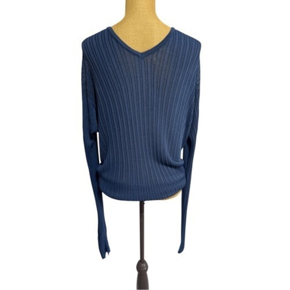 Armani Exchange Sheer Ribbed Knit Sweater Womens L Navy Blue Longline Stretch
